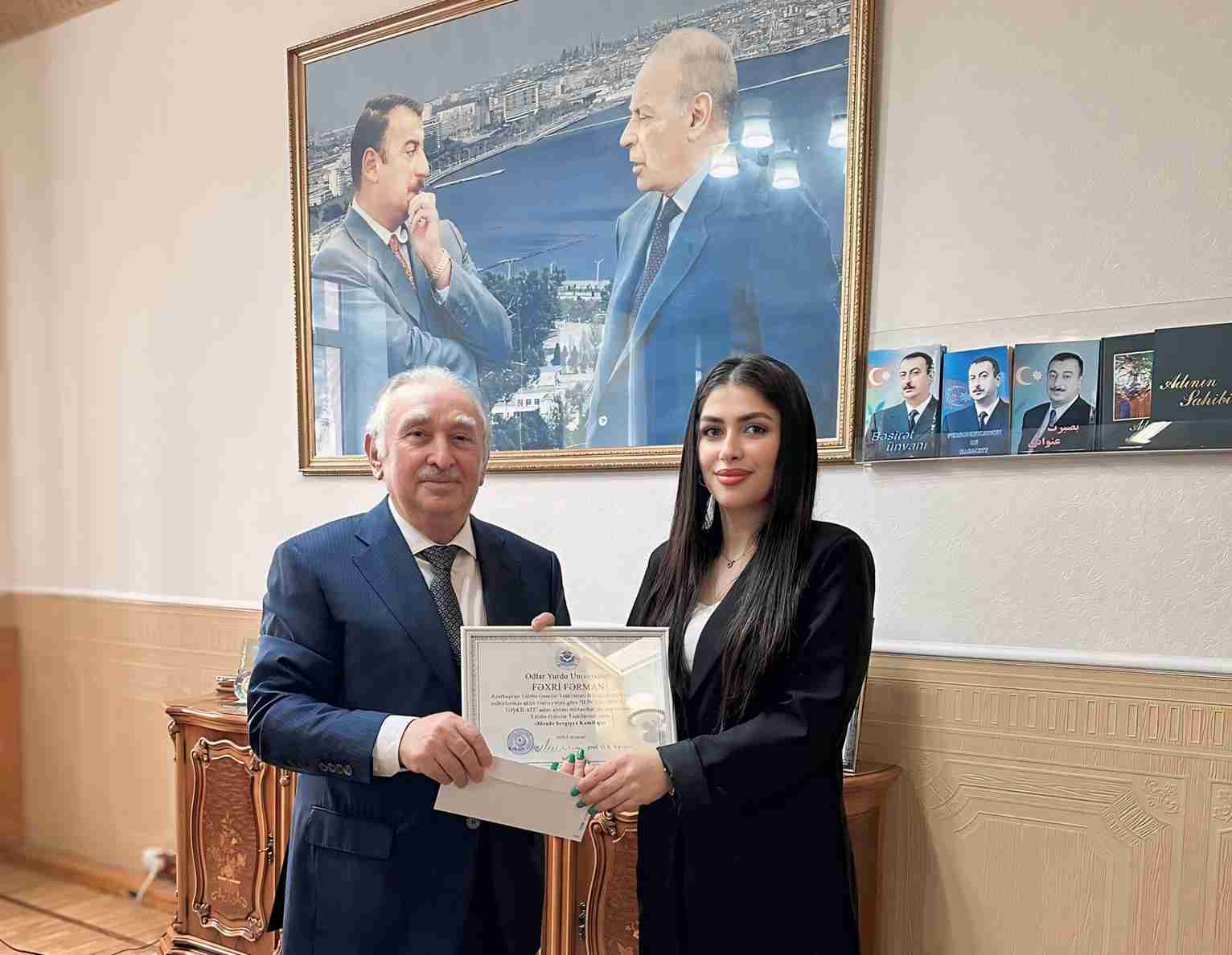 The chairman of the Student Youth Organization of Odlar Yurdu University was awarded